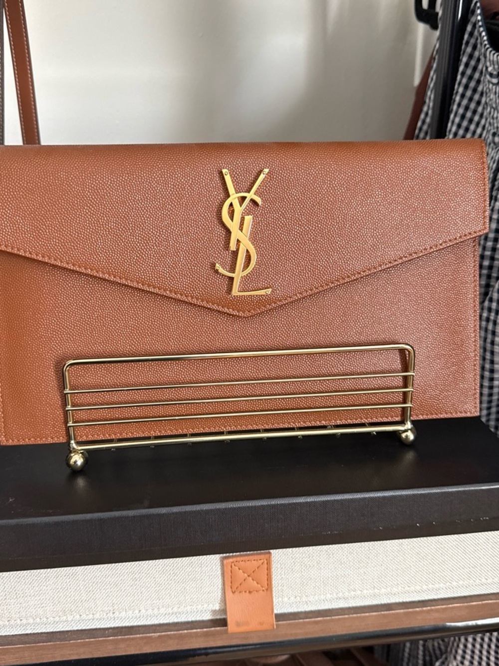 Saint Laurent Tan Pebbled Leather Envelope Shoulder Bag with Gold YSL